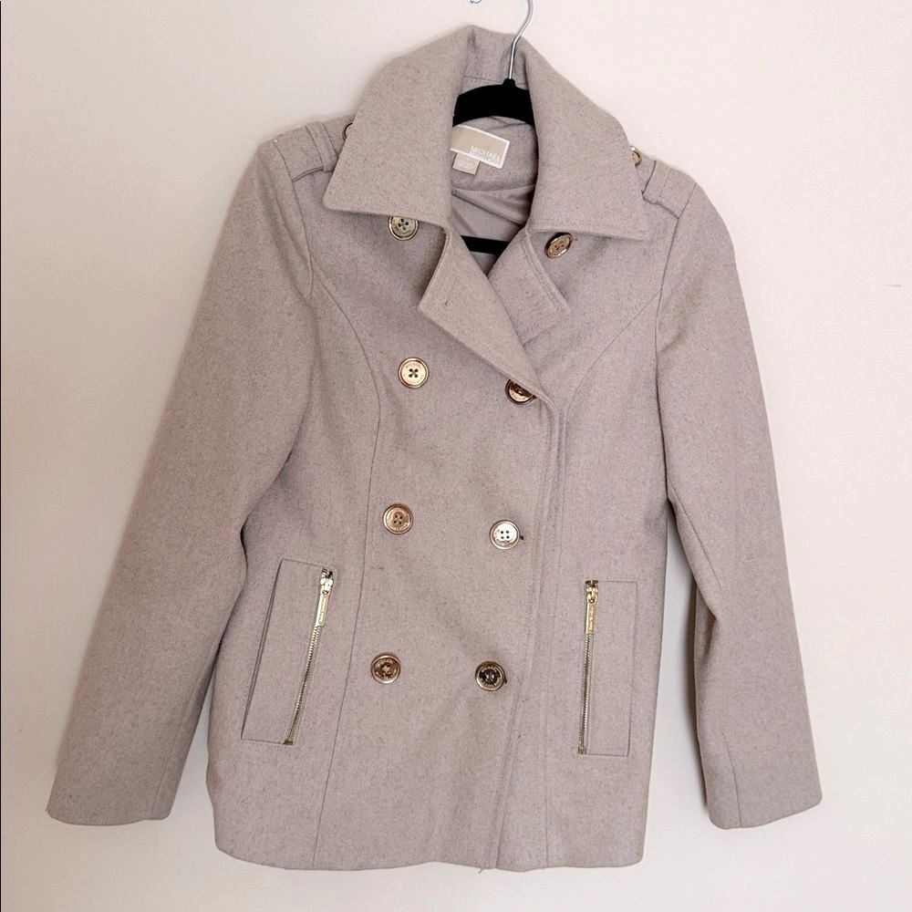 Michael Kors Women Light Tan Pea Coat with Gold Buttons Double Breasted Small